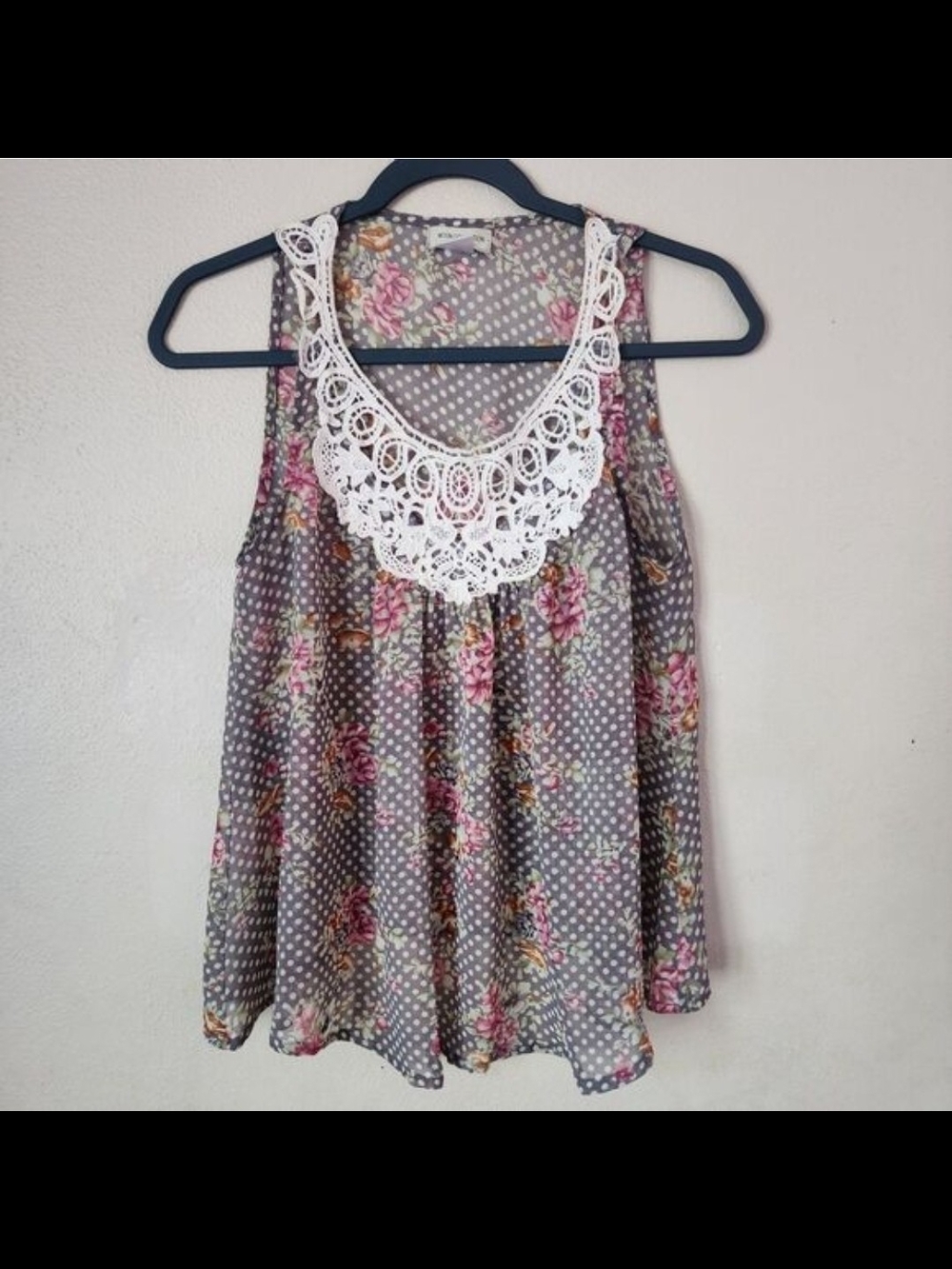 Moon Collection Floral Polka Dot Sheer Blouse Crochet Lace Collar Tank M